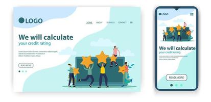 página web del diseño de la página de destino de la agencia de calificación. el concepto de una ilustración vectorial plana para el desarrollo de sitios web utilizando un diseño adaptativo para aplicaciones móviles. vector