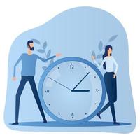 un hombre y una mujer cerca de un reloj grande. concepto de ahorro de tiempo y gestión del tiempo. ilustración vectorial plana. vector