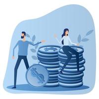 un hombre y una mujer cerca de una pila de monedas. el concepto de asesoramiento financiero, inversión y ahorro en efectivo. ilustración vectorial plana. vector