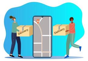 People and Express delivery.People are engaged in Express delivery of goods via an app on their smartphone.Flat vector illustration.