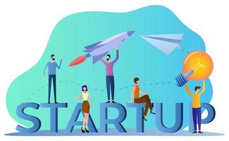 Start-up.Rocket and paper plane as a symbol of the search for ideas.People are developing new ideas .Brainstorming.Flat vector illustration.