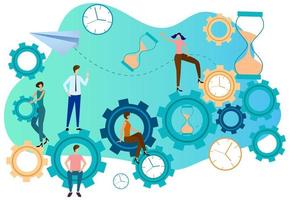 Teamwork.People gears and clocks are a symbol of collaborative production control.Flat vector illustration.