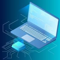 Web page software development.Isometric image of a laptop with program code and processor.The concept of a secure connection.Vector illustration. vector