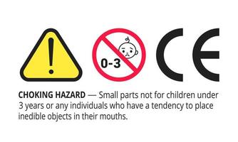 Choking hazard forbidden sign sticker not suitable for children under 3 years isolated on white background vector illustration. Warning triangle, sharp edges and small parts danger.