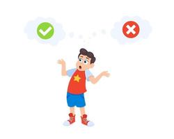 Little doubt boy kid between right and wrong check marks flat style design vector illustration