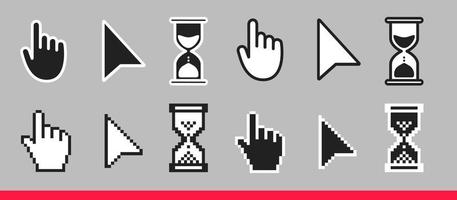 Pointer hand, arrow and hourglass loading clock mouse cursors. vector