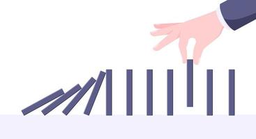 Domino effect business concept. Hand stops chain reaction of falling board game blocks of dominoes. vector