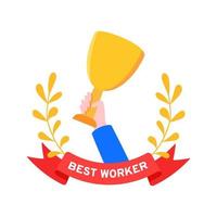 Best worker employee winner with trophy cup inside award ribbon and floral wreath flat style design vector illustration.