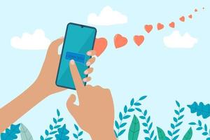 Vector illustration.Hands with a smartphone send love CMC in the form of hearts.Can be used as a Valentine card.