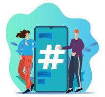Flat vector illustration.People are standing next to a smartphone with a hashtag sign.The concept of social networks.