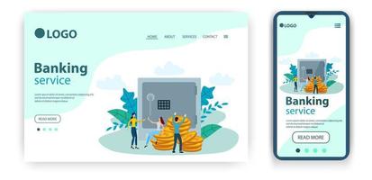 Web page for the Banking service landing page design. The concept of a flat vector illustration for web site development using adaptive design for mobile applications.