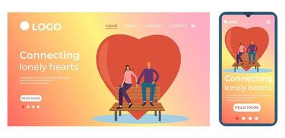 Connecting lonely hearts.People sit on a bench against the background of a heart.Template for the user interface of the site's home page.Landing page template.The adaptive design of the smartphone. vector