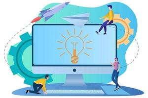 People are developing an online app.Brainstorm and search for ideas.Working together, waiting for success.Flat vector illustration.