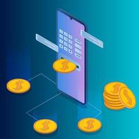 monetización de las finanzas en línea. imagen isométrica de un teléfono inteligente y monedas. el concepto de pago de servicios en línea. ilustración vectorial. vector