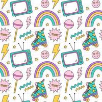 Bright seamless pattern with items from the nineties - quad roller skates, retro TV,  smile, chupa chups, lightnings, stars and rainbows on checkered background. Nostalgia for the 1990s. Funny print. vector