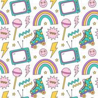 Bright seamless pattern with items from the nineties - quad roller skates, retro TV,  smile, chupa chups, lightnings, stars and rainbows on checkered background. Nostalgia for the 1990s. Funny print. vector