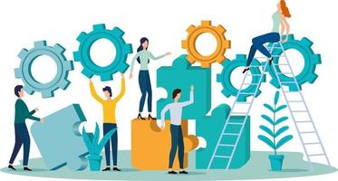 Teamwork.People put together puzzles and gears.Flat vector illustration.