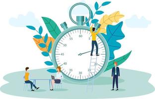 Vector illustration.Small people on the background of a large clock.The concept of task planning, time management.