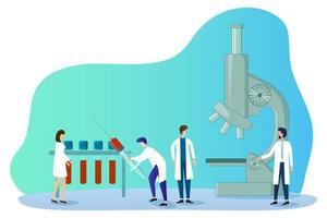 Vector illustration.People in white coats are working in the lab with a microscope.The concept of medical research.