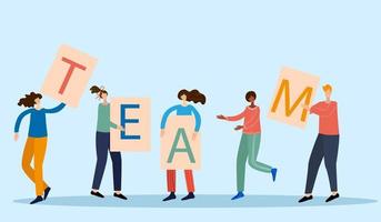 Vector illustration. Office workers from posters with letters written on them add the word team.The concept of teamwork, unity.