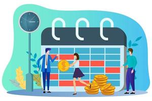 Flat vector illustration.Young businessmen stand around the clock and calendar with money.The concept of saving time and money, planning future revenues and time management.