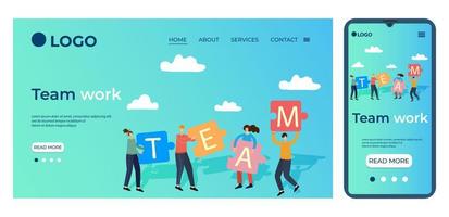 Team work.People hold puzzles in their hands.Template for the user interface of the site's home page.Landing page template.The adaptive design of the smartphone.vector illustration. vector