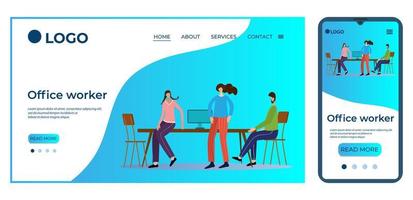 Office worker.The people at the table discuss the working moments.Template for the user interface of the site's home page.Landing page template.The adaptive design of the smartphone. vector