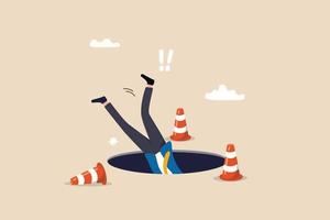 Failure or mistake causing catastrophe despair, problem or risk from crisis or recession, danger or business accident, trouble, loss or pitfall concept, terrified businessman fall down into the hole. vector