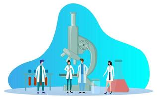 Vector illustration.People in white coats are engaged in scientific work in the laboratory using a microscope.The concept of science, education and medicine.