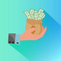 Bag of money in hand.Flat icon for web design.Vector illustration. vector