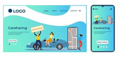 Carsharing.People are standing next to the car.Template for the user interface of the site's home page.Landing page template.The adaptive design of the smartphone.vector illustration. vector