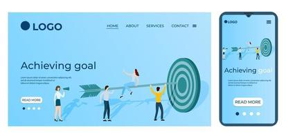 Achieving goal.People are standing next to the target.Template for the user interface of the site's home page.Landing page template.The adaptive design of the smartphone.vector illustration. vector