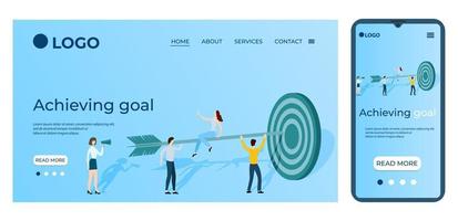 Achieving goal.People are standing next to the target.Template for the user interface of the site's home page.Landing page template.The adaptive design of the smartphone.vector illustration. vector