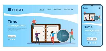 Time-management.People on the background of a clock and a daily planner.Template for the user interface of the site's home page.Landing page template.The adaptive design of the smartphone. vector