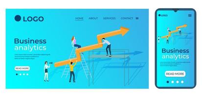 análisis de negocios.la gente configura gráficos.plantilla para la interfaz de usuario de la página de inicio del sitio.plantilla de página de destino.el diseño adaptativo del teléfono inteligente.ilustración vectorial. vector