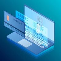 Transfer payments from a laptop to a credit card.Modern business card with transfer of payments to a computer credit . Online mobile banking is an isometric concept. Modern communication technologies. vector