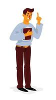 Illustration of a cartoon man with a folder. Vector. The manager in an exclamation position, calls and draws attention to himself. Coach for personal development. HR manager or sales person. vector