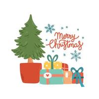 Many gifts presents under Christmas tree Merry Christmas lettering isolated vector illustration