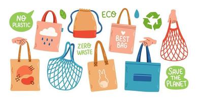 Eco package set zero waste pack string bag vector illustration