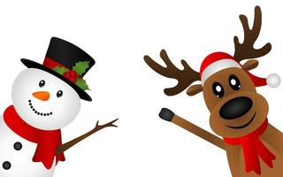 Snowman and Reindeer peeking sideways on a white background vector