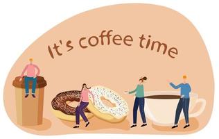 Flat vector illustration.People are going to take a coffee break.The concept of coffee time.In the background, it's coffee time.