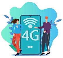 People stand at a large smartphone and use a 4G wireless connection. fourth-generation communication Concept.Flat vector illustration.