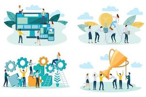 People enjoy success in business, demonstrate adaptive design, show a light bulb and use gears.A set of flat vector illustrations.