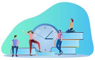 People next to books and watches.Time planning for training people, professional development.Vector illustration. vector