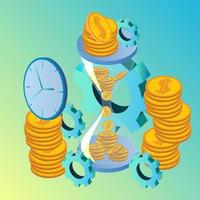 Time-management.An isometric image of an hourglass, clock, and coin.The concept of time control, time is money.Vector illustration. vector