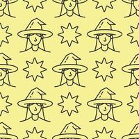 Halloween concept. Vector seamless pattern of witch on yellow background. Suitable for postcards, fabric, textile, wrappers, wallpapers