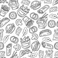 Fast food seamless pattern in doodle style vector