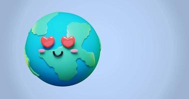 Loop animation of 3d adorable cartoon earth, green planet with love eyes and happy mood in sunny day as concept for love and peace. 3d render animation video