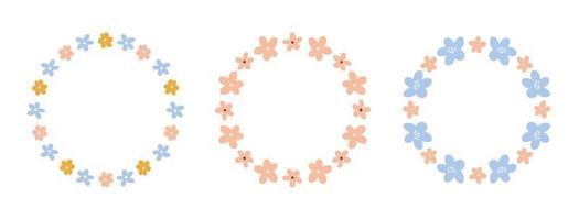 Set of cute floral wreaths with tiny flowers isolated on white background. Vector hand-drawn flat illustration. Perfect for cards, invitations, decorations, logo, various designs.