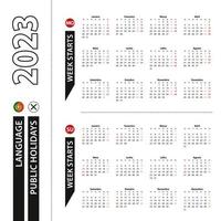 Two versions of 2023 calendar in Portuguese, week starts from Monday and week starts from Sunday.